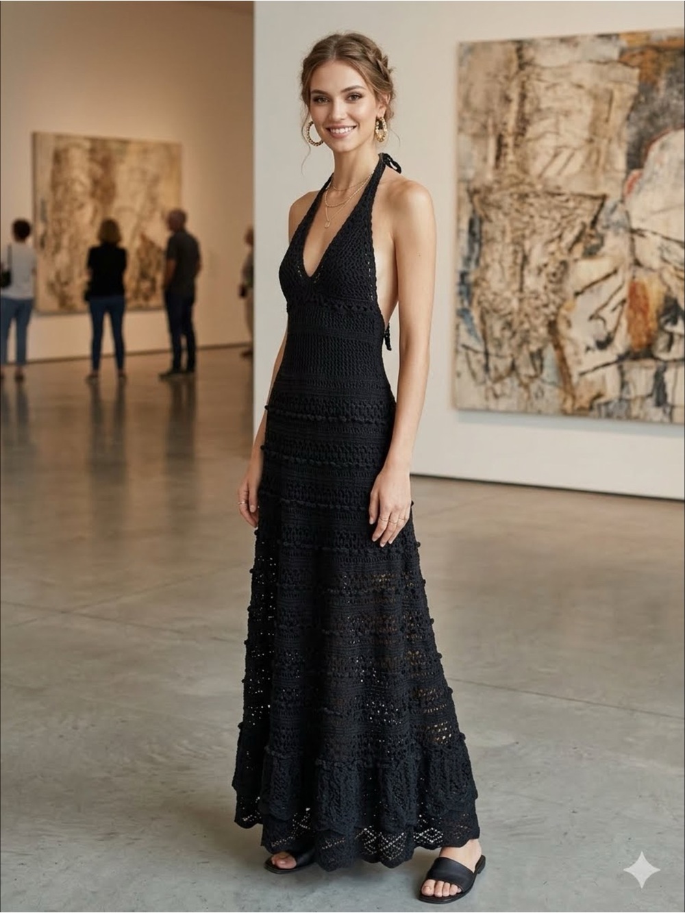 Vintage Moda International Y2K Black Crochet Boho Halter Maxi Coquette Dress XS